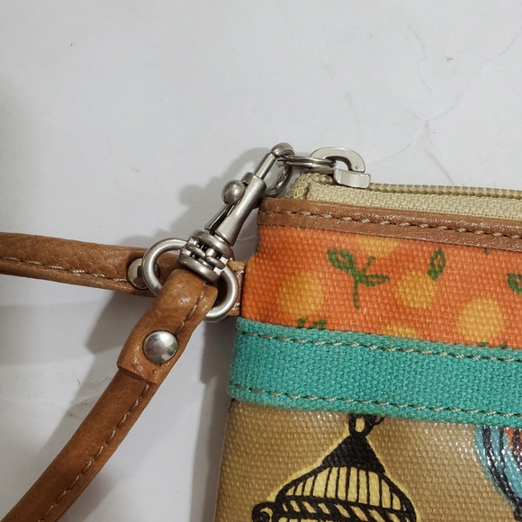 Fossil Key-Per Wristlet Wallet Boho Bird Birdcage Orange Tan Zip Strap Hippie - Picture 3 of 11